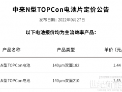 剛剛！中來股份上調(diào)TOPCon電池片價格（9.27）